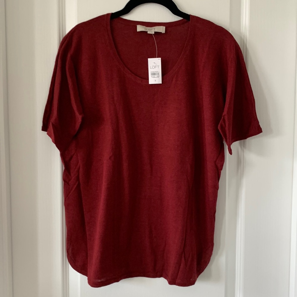 NWT LOFT Red Linen/Cotton Blend Knit Short Sleeves Top Size Small